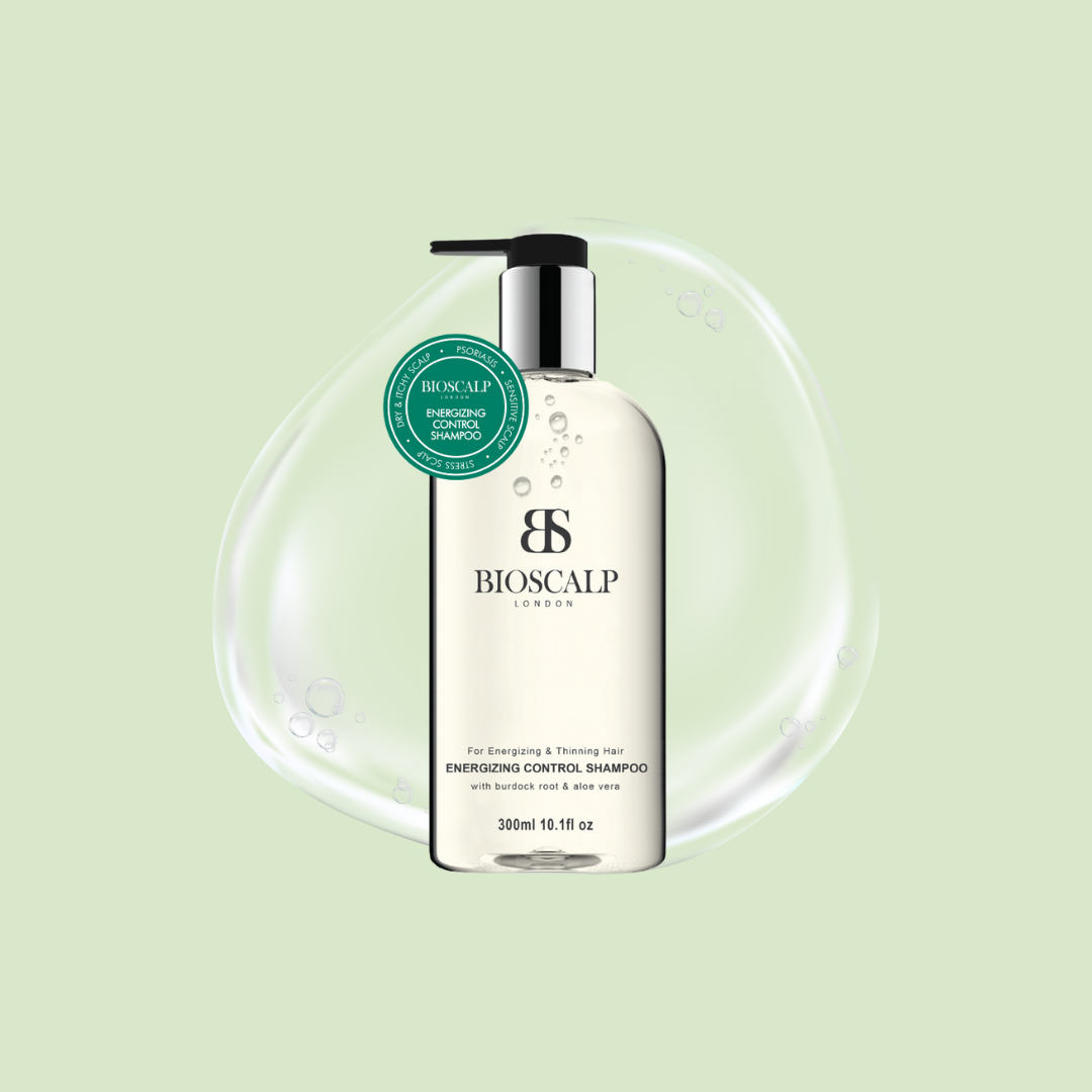 bioscalp energizing control shampoo, light green background with liquid graphics