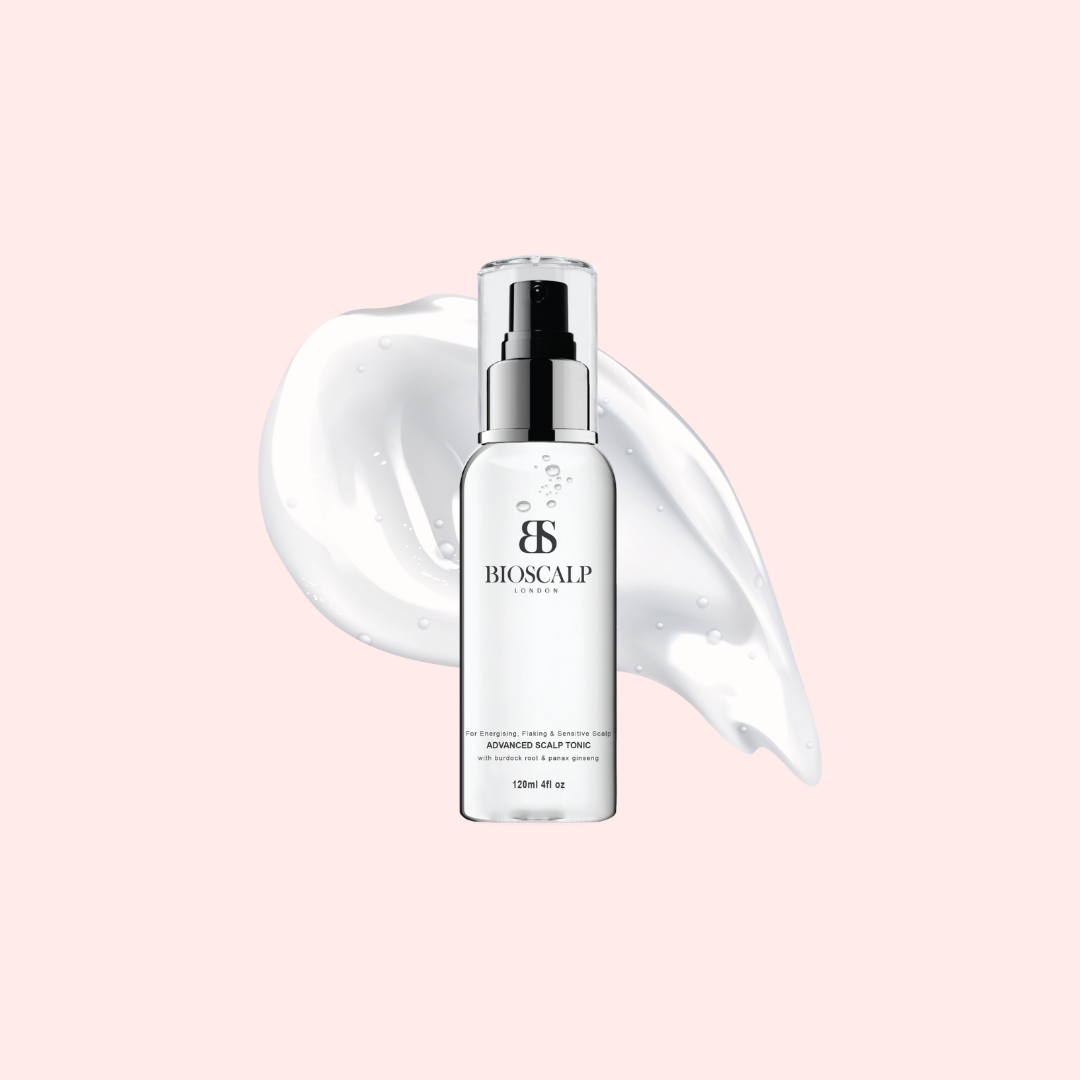 bioscalp advanced scalp tonic, light pink background with liquid graphic