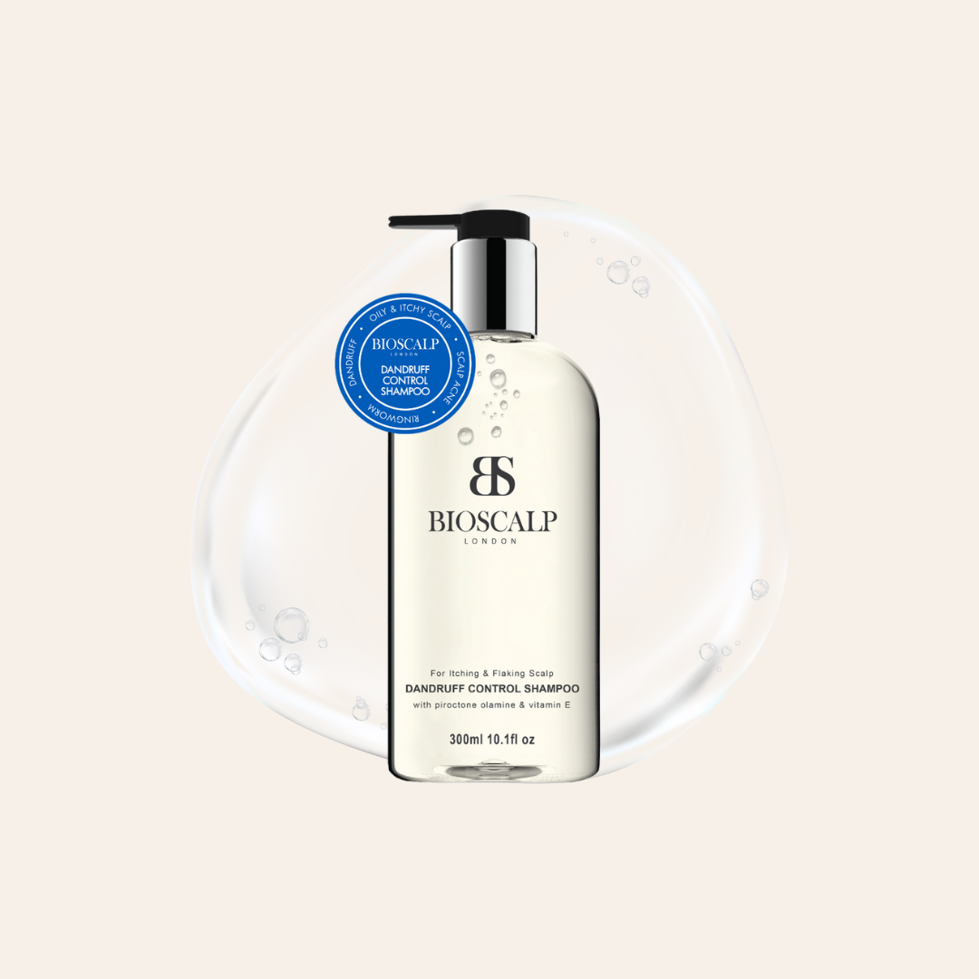 bioscalp dandruff control shampoo, light beige background with liquid graphics