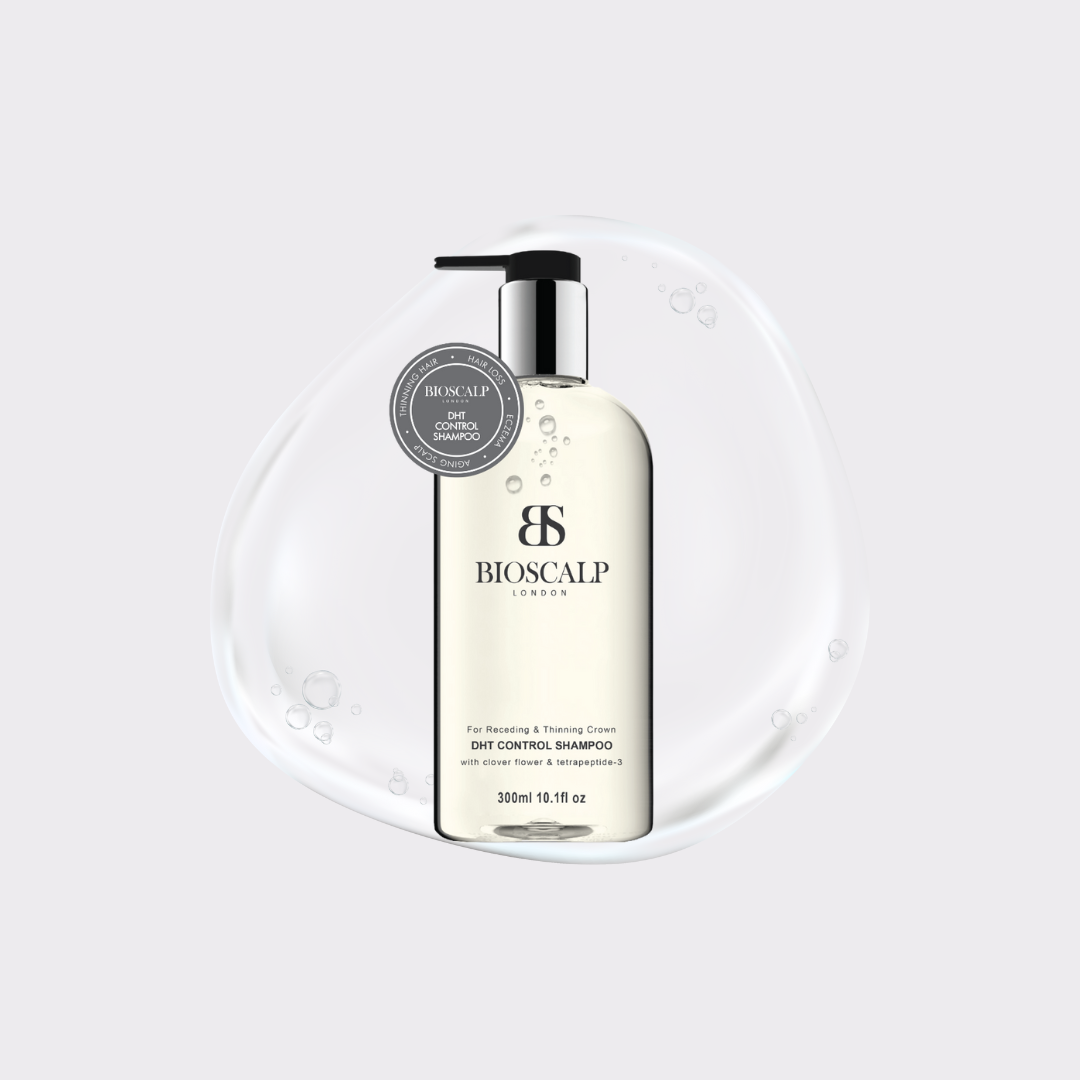 bioscalp dhti control shampoo, light grey background with liquid graphics