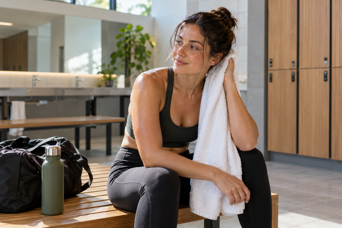 Person cooling down after a workout with a towel and loosely tied hair