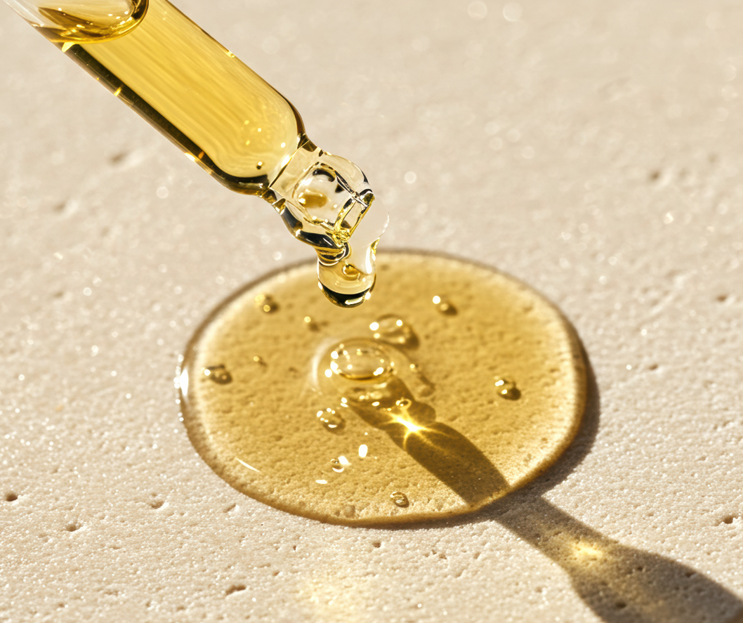 Gold dropper with liquid on a beige surface