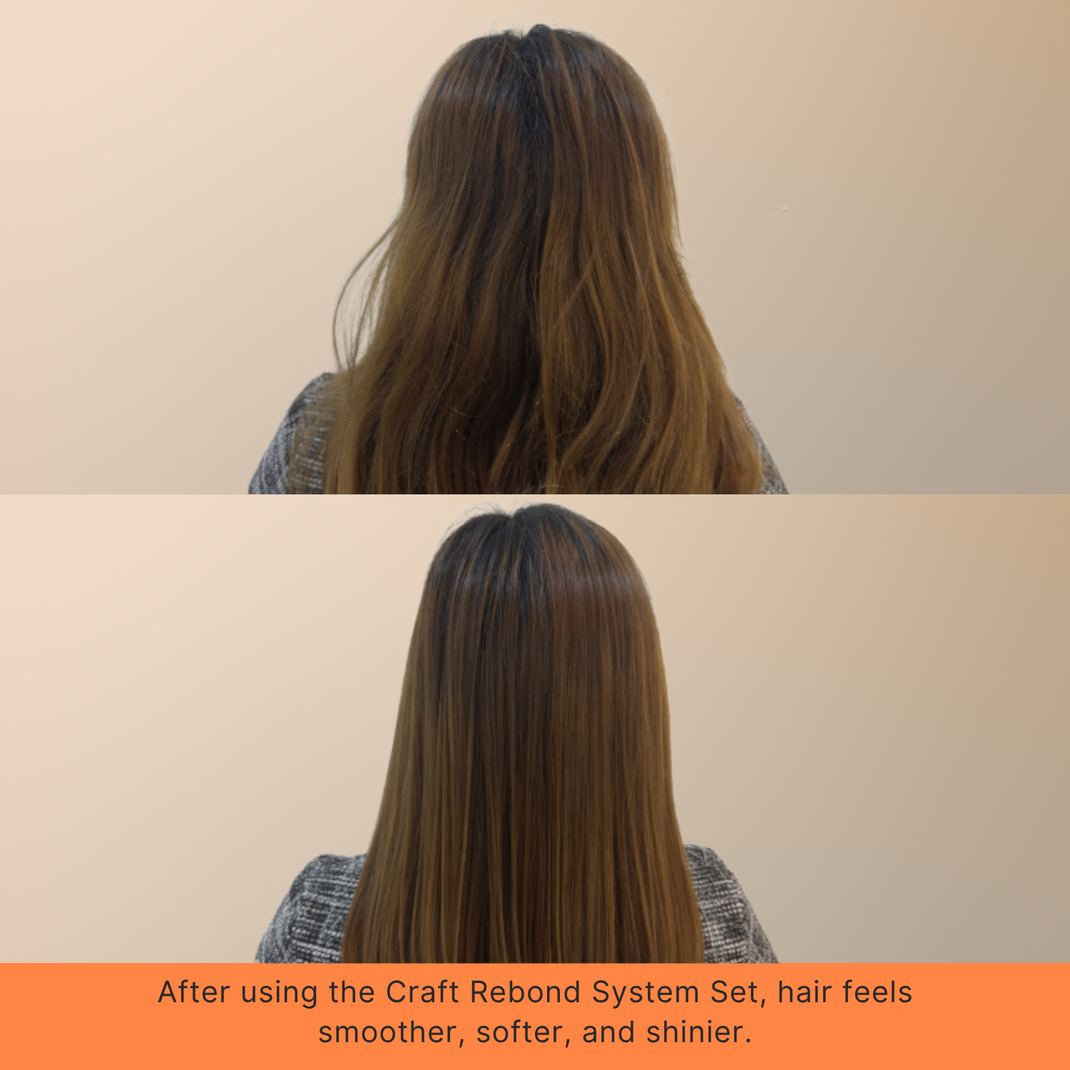 Before and after comparison of hair using the Craft Rebond System Set on a plain background.