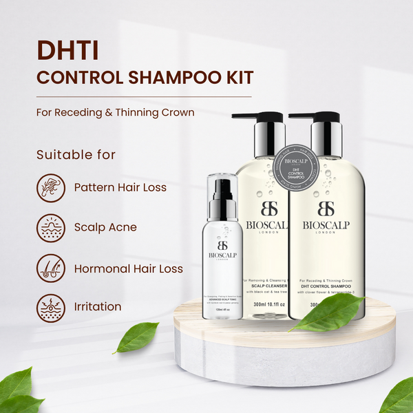 bioscalp dhti control kit, leaves, text "for receding & thinning crown", text "suitable for pattern hair loss, scalp acne, hormonal hair loss, irritation"