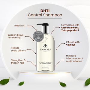 DHTI control shampoo, leaves, text "DHTI control shampoo, inhibit DHT, support tissue remodeling, reduce scalp oiliness, strengthen & thicken hair, formulated with clover flower & tetrapeptide-3, infused with capixyl, minimise inflammation & scalp irritation"
