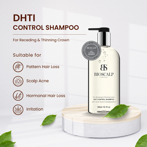 bioscalp dhti control shampoo, leaves, text "dhti control shampoo for receding & thinning crown, suitable for pattern hair loss, scalp acne, hormonal hair loss, irritation"
