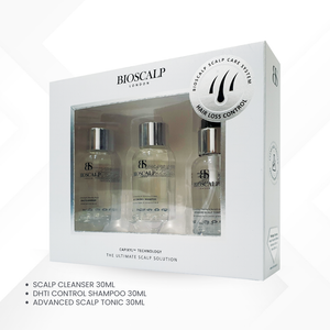 BioScalp DHTI Control Travel Kit in Packaging, text "scalp cleanser 30ml, dhti control shampoo 30ml, advanced scalp tonic 30ml"