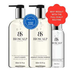 Three BIOSCALP hair care products on a white background with promotional text.