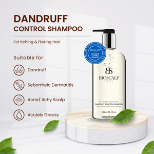 bioscalp dandruff control shampoo, leaves, text "dandruff control shampoo for itching and flaking hair, suitable for dandruff, seborrheic dermatitis, acne/itchy scalp, acutely greasy"
