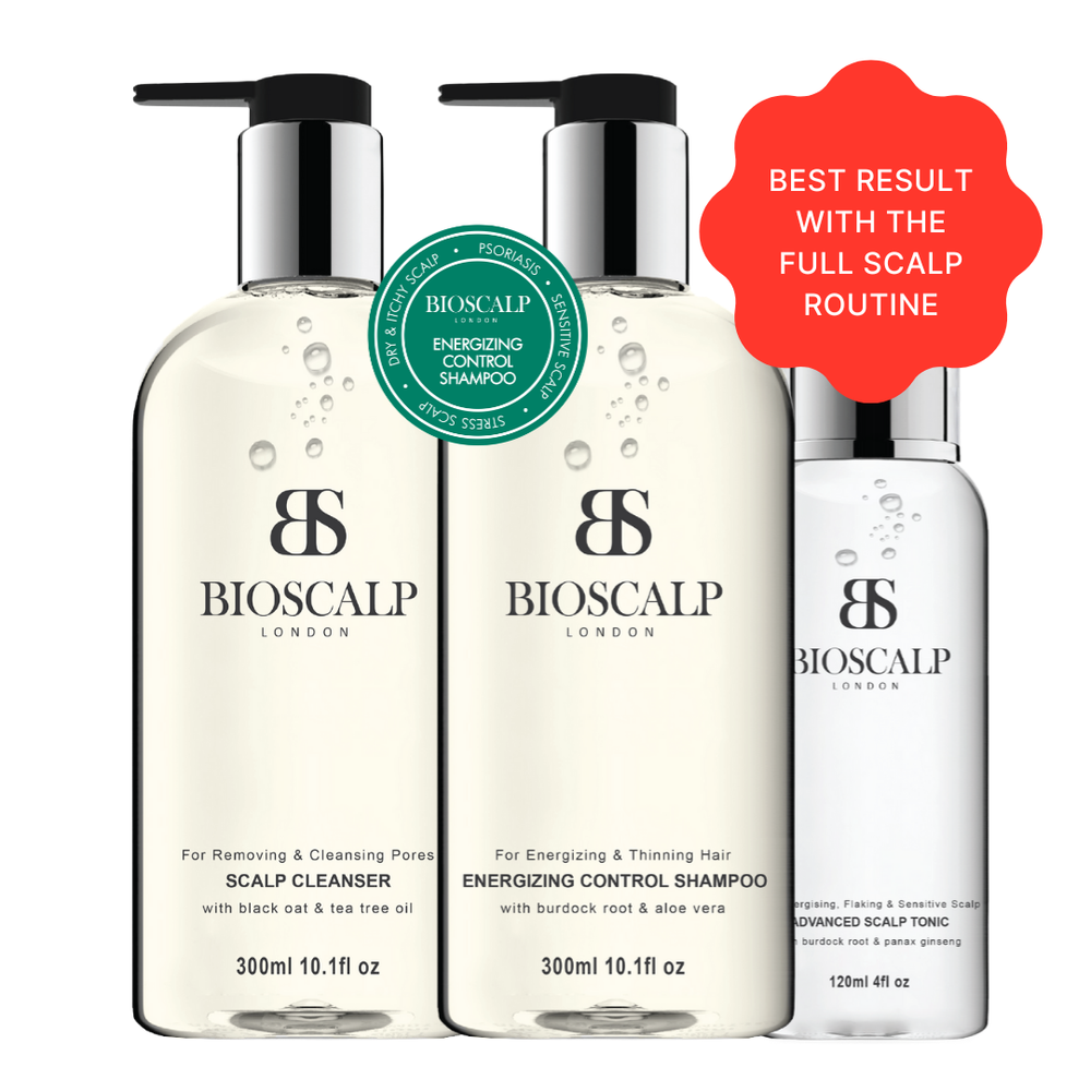 Three BIOSCALP hair care products on a white background with promotional text.