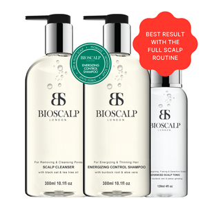 Three BIOSCALP hair care products on a white background with promotional text.