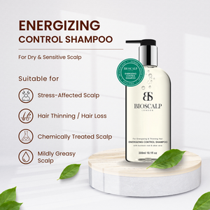 bioscalp energizing control shampoo, leaves, text "energizing control shampoo for dry & sensitive scalp, suitable for stress-affected scalp, hair thinning, hair loss, chemically treated scalp, mildly greasy scalp"