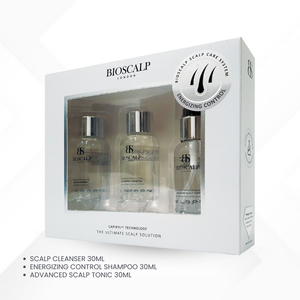 BioScalp Energizing Control Travel Kit with Packaging, text "scalp cleanser 30ml, energizing control shampoo 30ml, advanced scalp tonic 30ml"