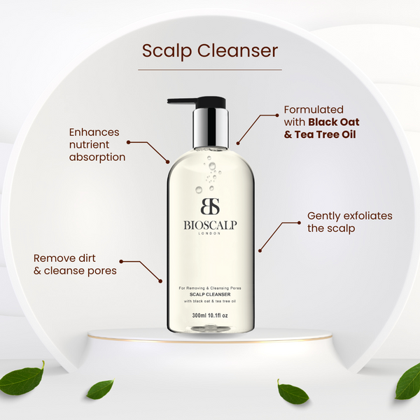 bioscalp scalp cleanser, leaves, text "scalp cleanser, enhances nutrient absorption, remove dirt & cleanse pores, formulated with black oat & tea tree oil, gently exfoliates the scalp"