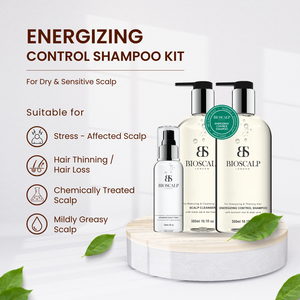 bioscalp energizing control kit, leaves, text "energizing control shampoo kit for dry & sensitive scalp, suitable for stress affected scalp, hair thinning, hair loss, chemically treated scalp, mildly greasy scalp"
