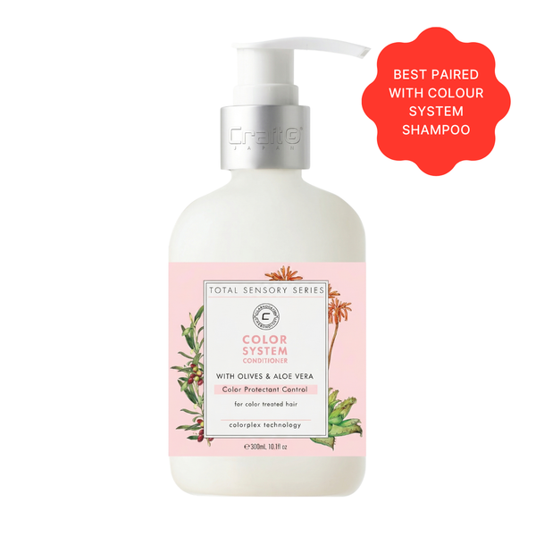 Conditioner bottle with pink label on a white background