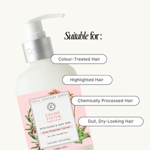 Bottle of conditioner with label and text indicating suitability for color-treated, highlighted, chemically processed, and dull hair.