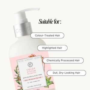Shampoo bottle with text indicating suitability for color-treated, highlighted, chemically processed, and dull hair.