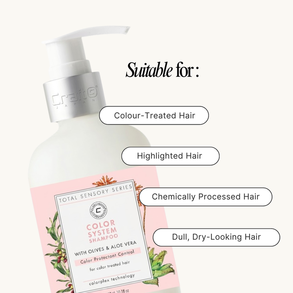 Shampoo bottle with text indicating suitability for color-treated, highlighted, chemically processed, and dull hair.