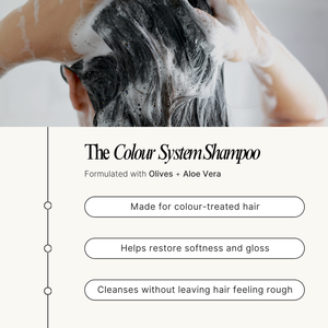 Person washing hair with The Colour System Shampoo, featuring product benefits on a white background.