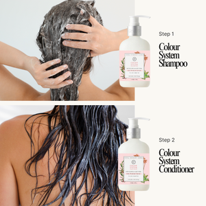 Step-by-step guide to using a hair care product with shampoo and conditioner bottles.