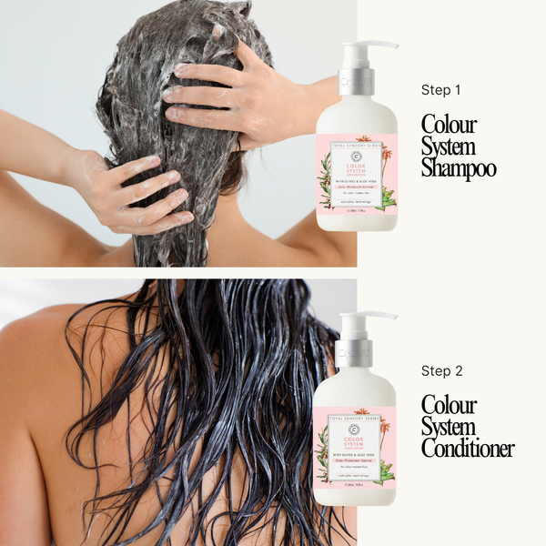 Step-by-step guide to using a hair care product with shampoo and conditioner bottles.