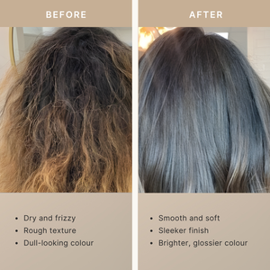 Before and after comparison of hair color transformation with smooth, soft texture and brighter color.