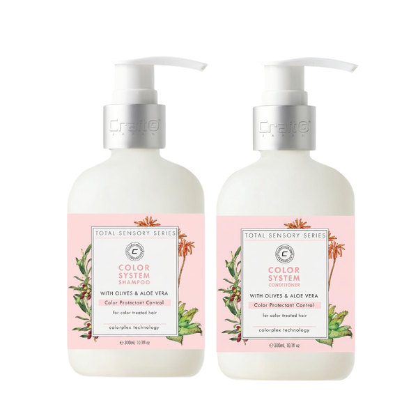 Two bottles of Colgate Total Sensory Series shampoo and conditioner on a white background