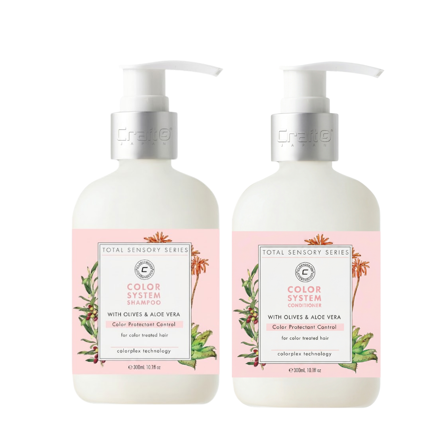 Two bottles of Crelly shampoo and conditioner with pink labels on a white background