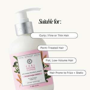 Conditioner bottle with label on a white background, featuring text about hair types it's suitable for.