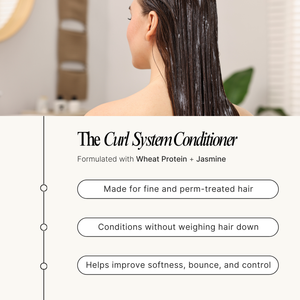 Woman with wet hair in a bathroom setting, featuring text about 'The Curl System Conditioner'.