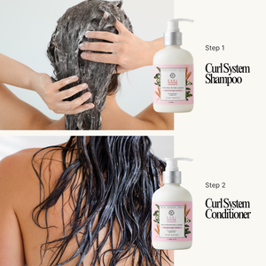Two steps of using Curl System shampoo and conditioner with a person washing and conditioning their hair.