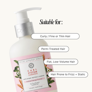 Shampoo bottles with text indicating suitability for various hair types on a white background.