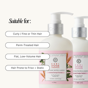 Shampoo and conditioner bottles with text indicating suitability for various hair types on a white background.