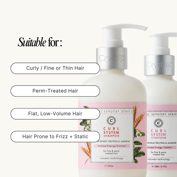 Shampoo and conditioner bottles with text indicating suitability for various hair types on a white background.