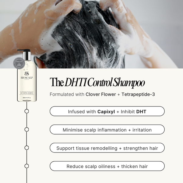 Shampoo bottle with text about DHT control shampoo features