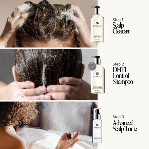 Three-step hair care routine with scalp cleanser, DHT control shampoo, and scalp tonic, featuring a person washing hair.