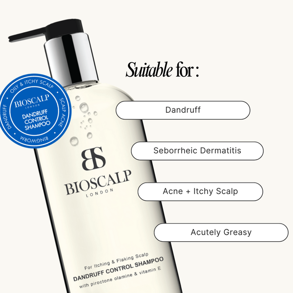 Bioscalp dandruff shampoo with product features on beige background