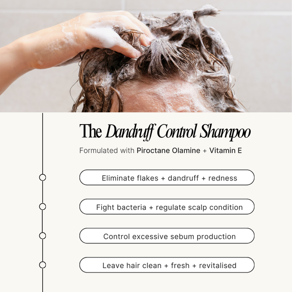 Person washing hair with dandruff control shampoo and product features listed below.