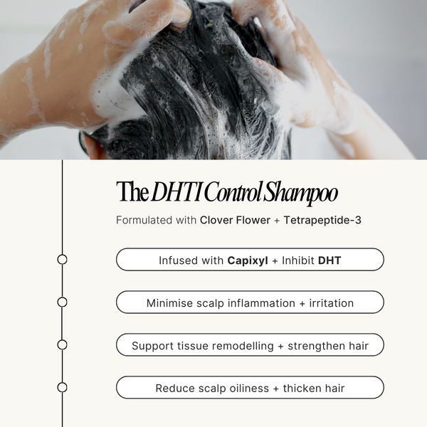Person washing hair with DHT Control Shampoo and product features listed below.