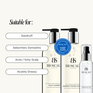 BIOSCALP hair care products with a list of conditions they are suitable for on a beige background.