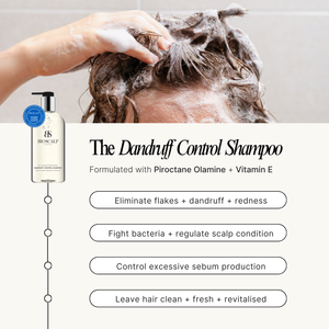Person washing hair with dandruff control shampoo and product details on a beige background