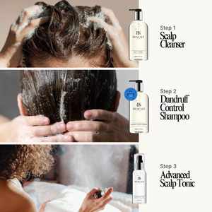 Step-by-step hair care routine with scalp cleanser, dandruff control shampoo, and advanced scalp tonic.