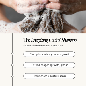 Person washing hair with soapy water, featuring text about 'The Energizing Control Shampoo' with ingredients and benefits.