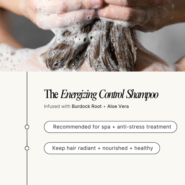 Person washing hair with soapy hands and text about 'The Energizing Control Shampoo' on a white background.