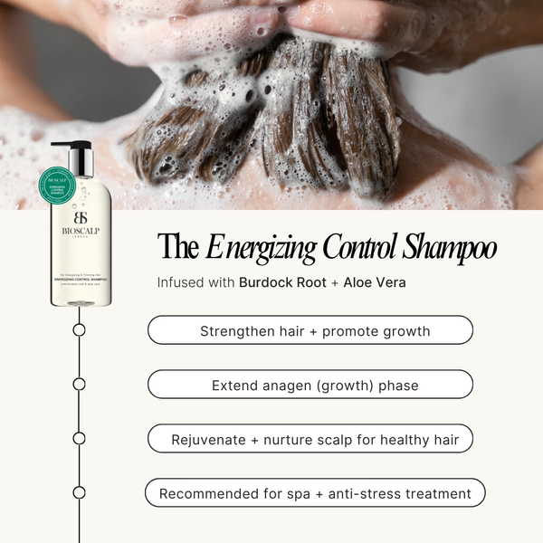 Shampoo bottle with text about 'The Energizing Control Shampoo' and its benefits.