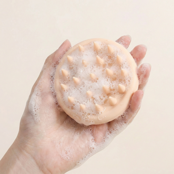 Hand holding a textured soap bar with a beige background