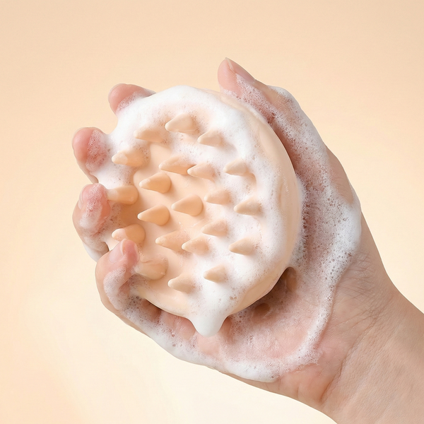 Foamy scrubber with textured surface held in a hand against a beige background
