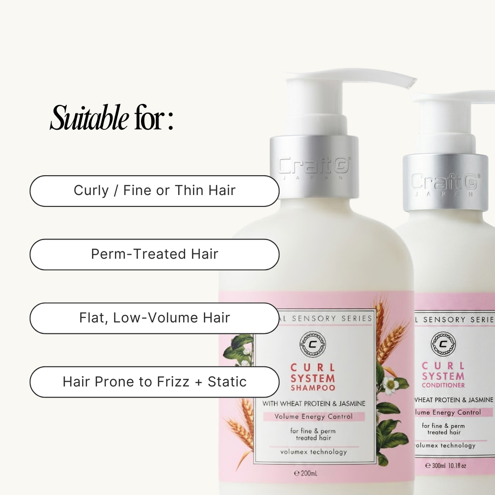 Two bottles of Curl System shampoo and conditioner on a white background