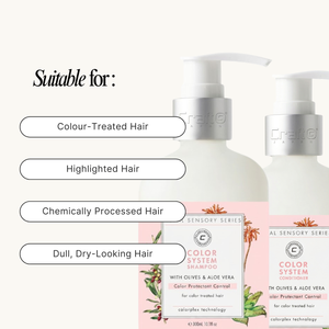 Shampoo and conditioner bottles with text indicating suitability for color-treated, highlighted, chemically processed, and dull hair.